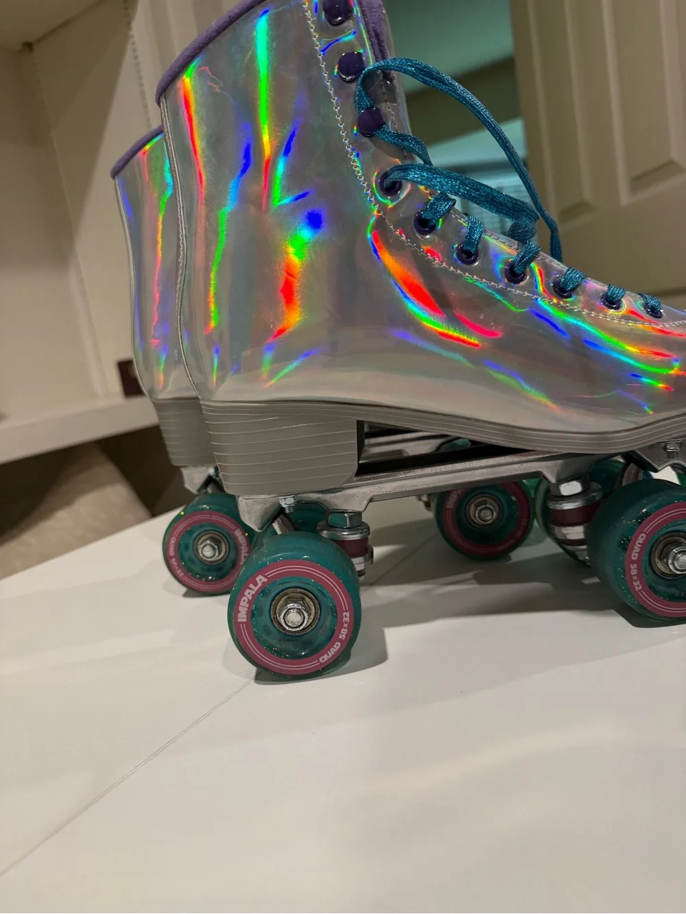 Impala Holographic Women’s Roller Skates with Teal Laces/Wheels & Purple Inside